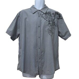 MK Machine Shirt Mens Button Up Black Graphic Short Sleeve Gray Stripes Mechanic